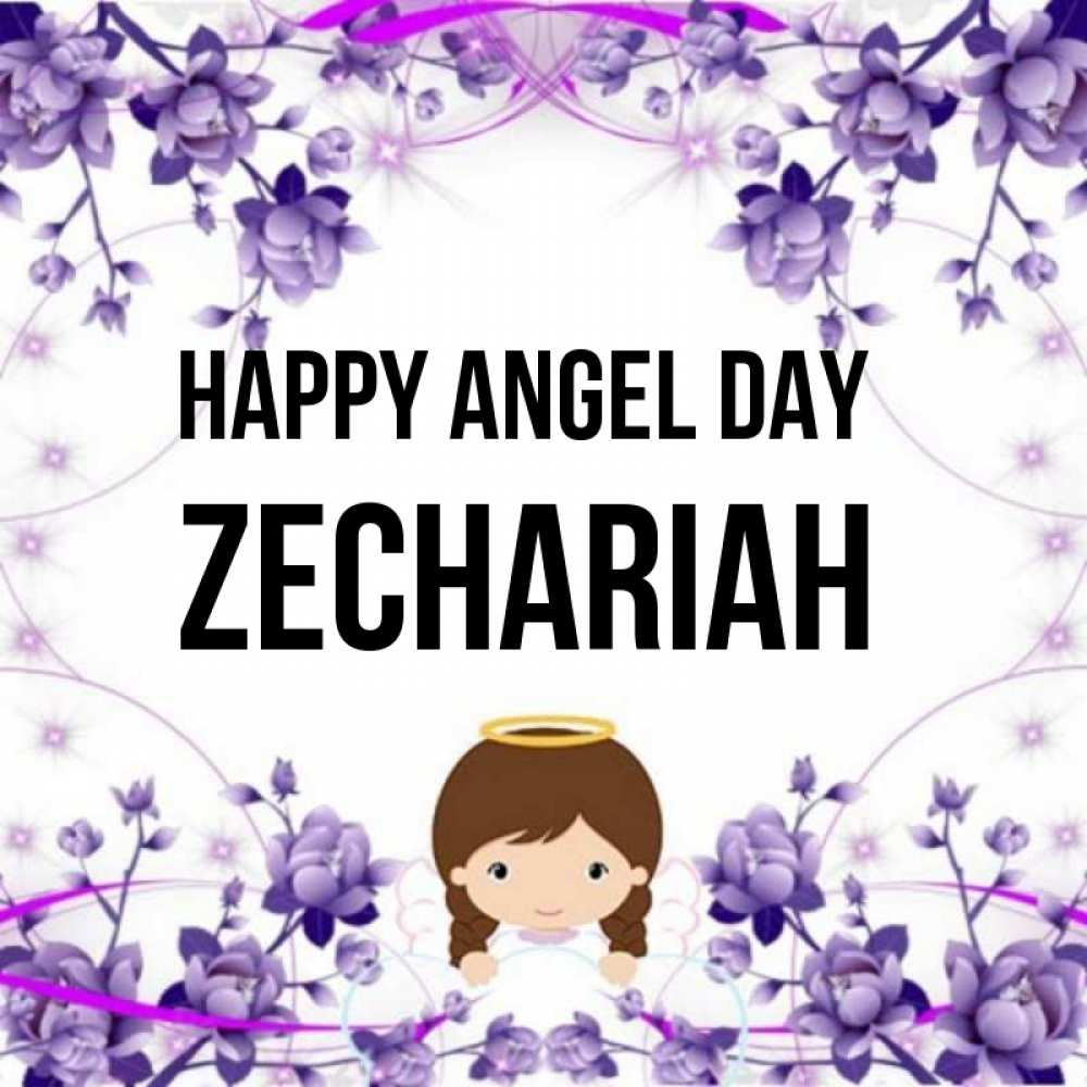 Greetings card с именем, Zechariah happy angel day с именинами в рамочке Greetings with text for free download 