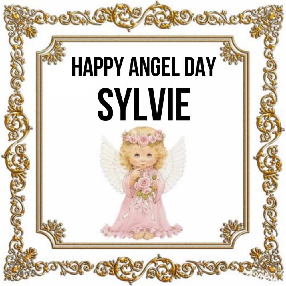 Greetings card с именем, Sylvie happy angel day девочка ангел с крыльями и цветами в розовом платье Greetings with text for free download 