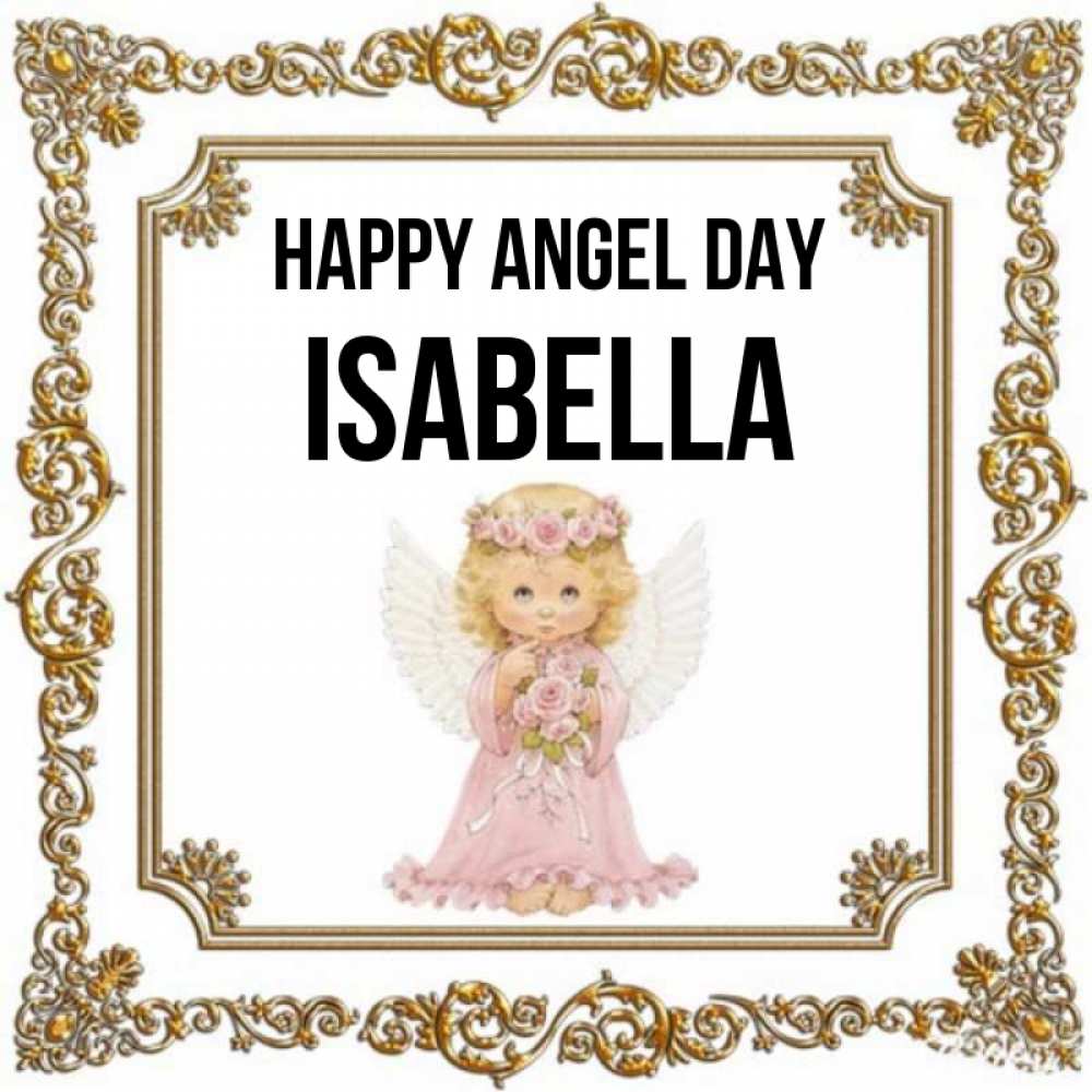 Greetings card с именем, Isabella happy angel day девочка ангел с крыльями и цветами в розовом платье Greetings with text for free download 