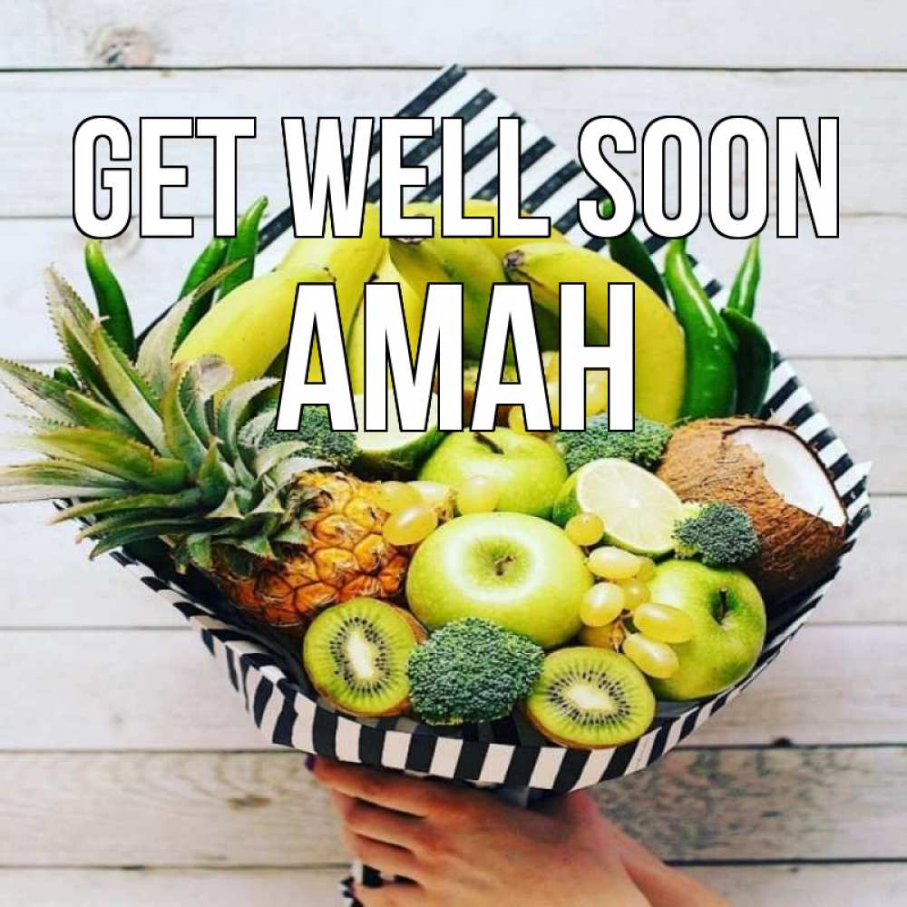 Greetings card с именем, Аман Get well soon киви ананас кокос и бананы Greetings with text for free download 