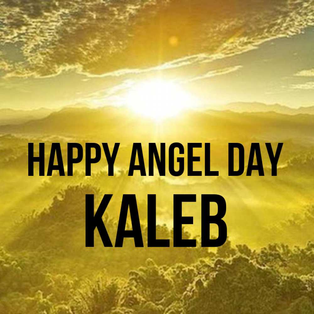 Greetings card с именем, Kaleb happy angel day леса и небо в желтом Greetings with text for free download 