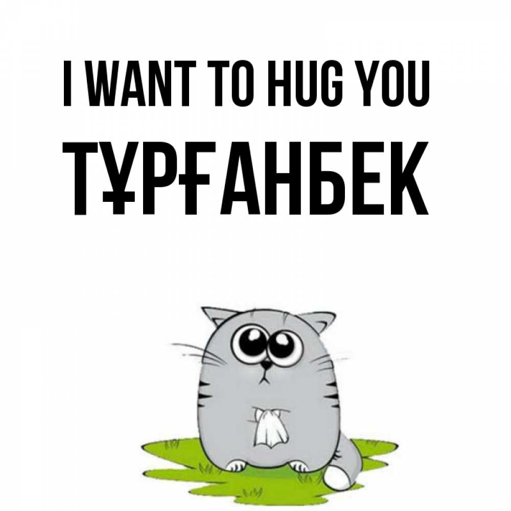 Greetings card с именем, ТҰРҒАНБЕК I want to hug you котик теребит платочек сидя на травке Greetings with text for free download 