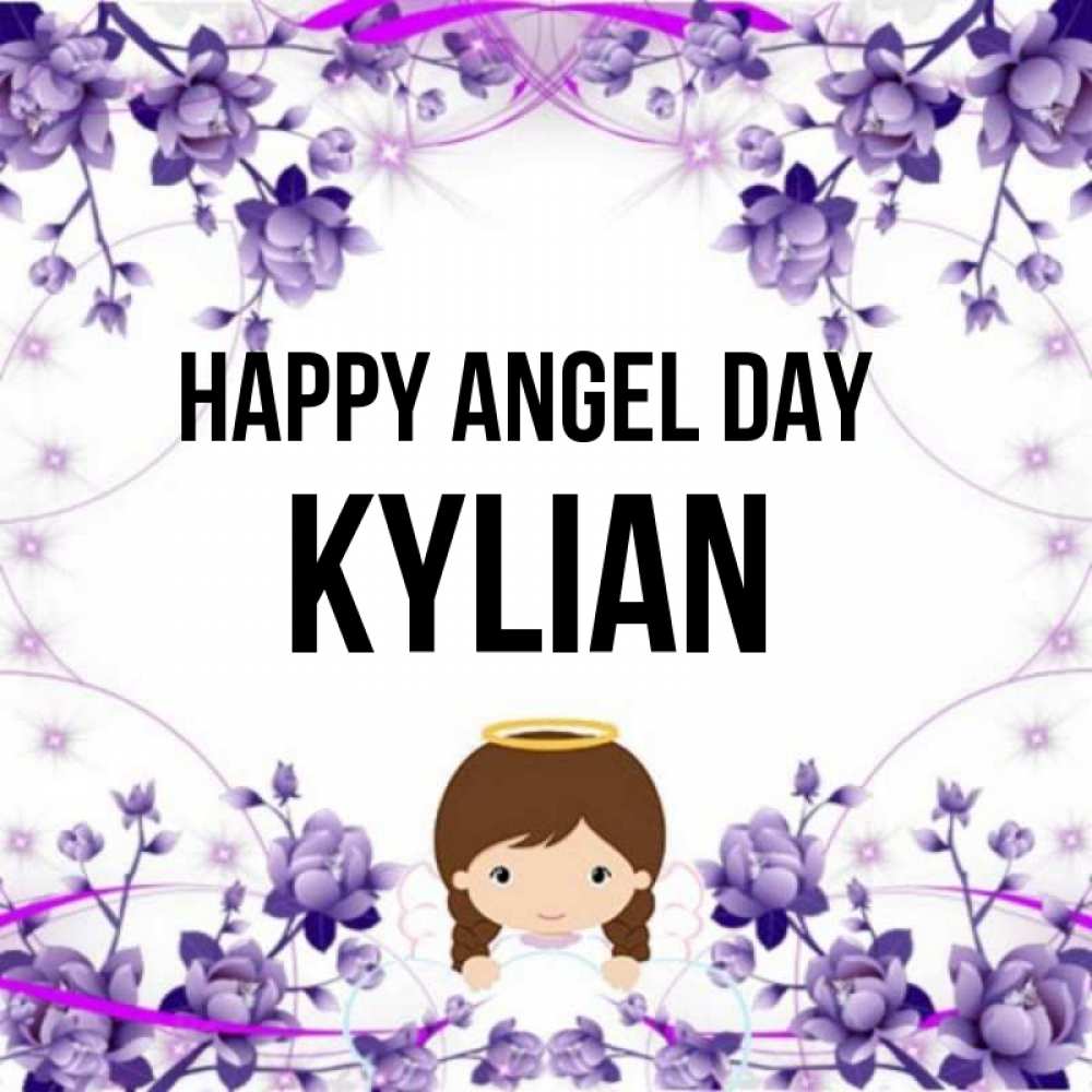 Greetings card с именем, Kylian happy angel day с именинами в рамочке Greetings with text for free download 