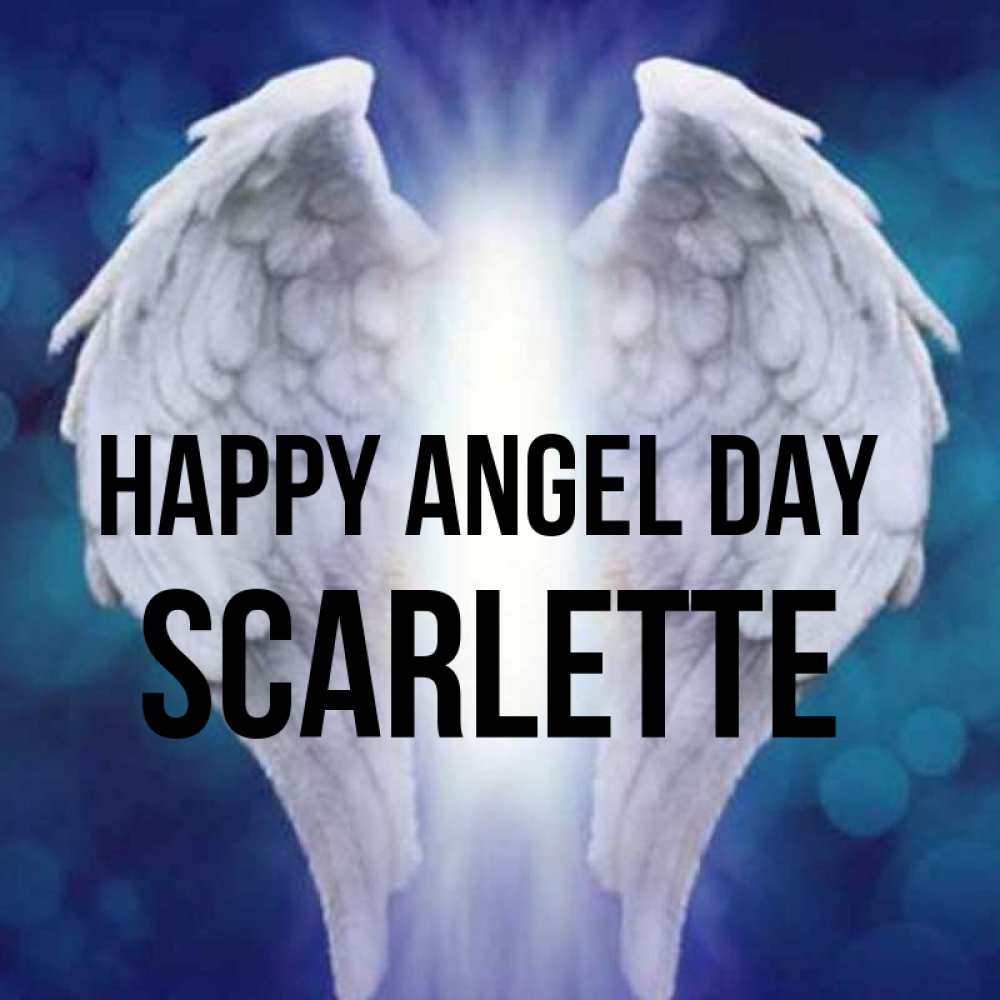 Greetings card с именем, Scarlette happy angel day синий фон и крылышки Greetings with text for free download 