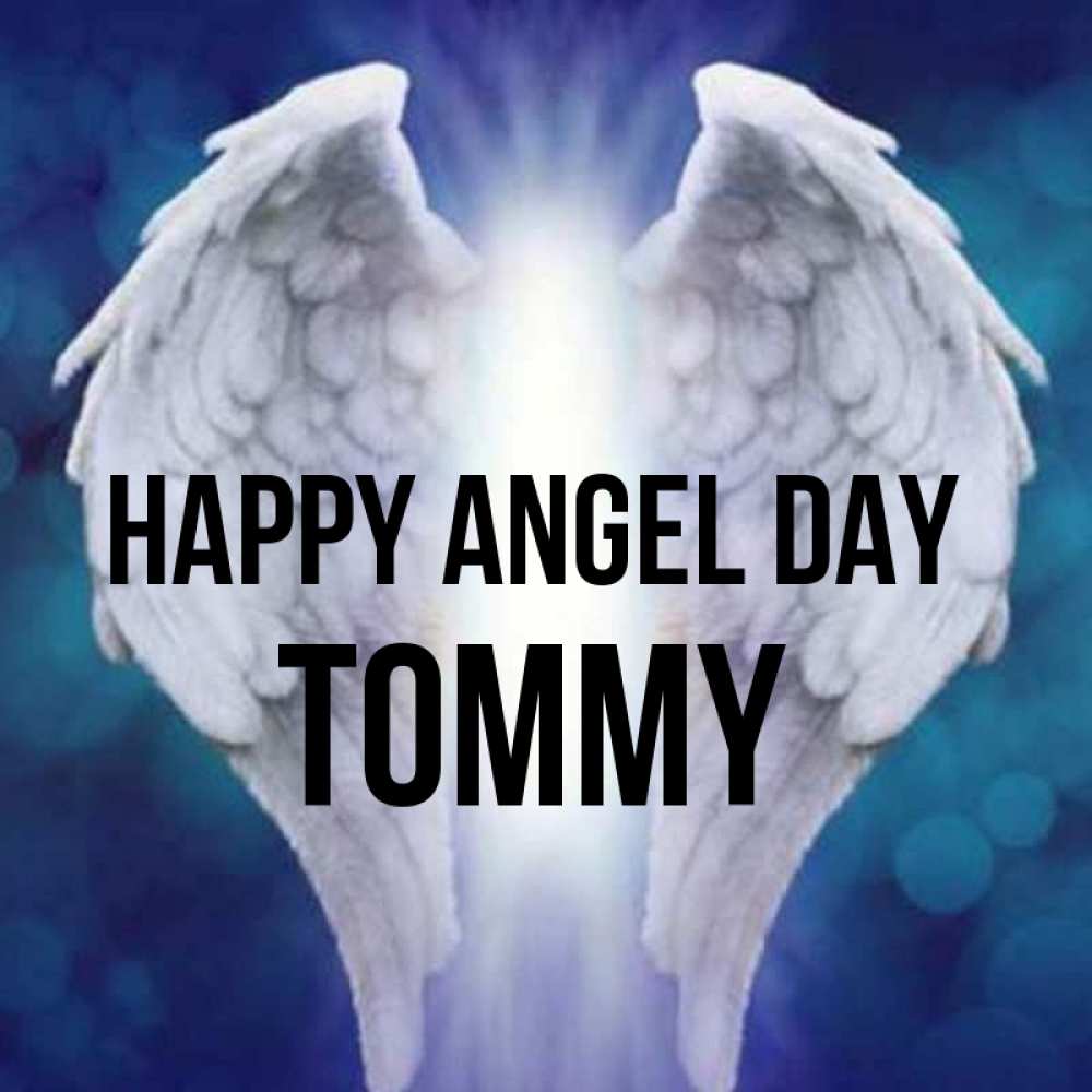 Greetings card с именем, Tommy happy angel day синий фон и крылышки Greetings with text for free download 