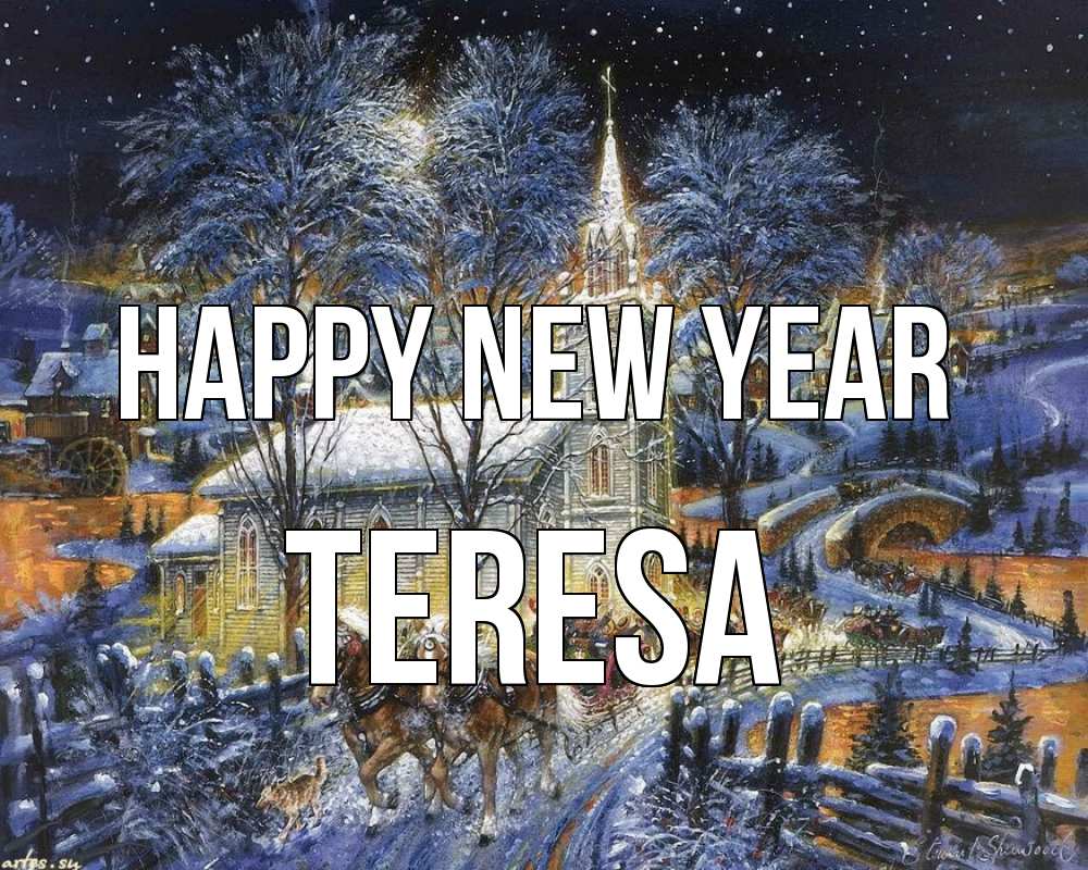 Greetings card с именем, Teresa Happy New Year упряжка лошадей, лошади, новый год Greetings with text for free download 