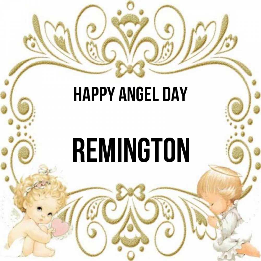 Greetings card с именем, Remington happy angel day с именинами поздравляют два красивых ангела. Один с сердечком другой молится Greetings with text for free download 