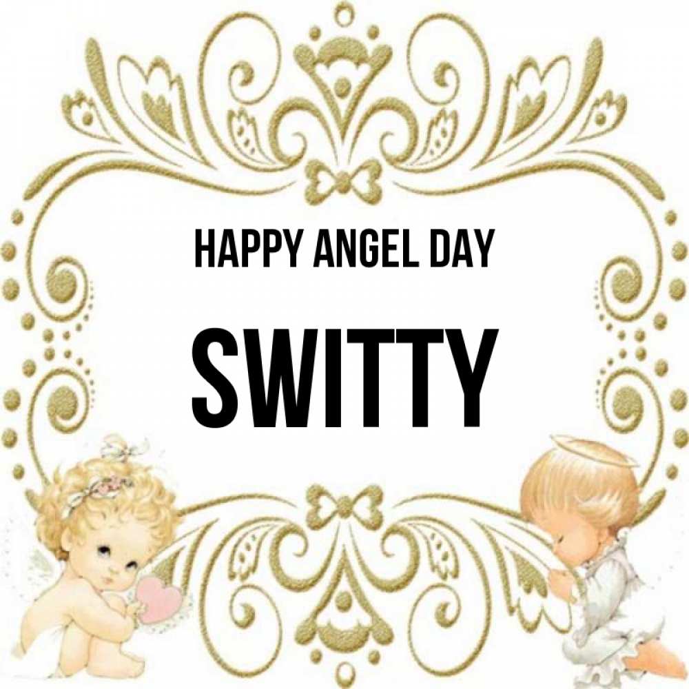 Greetings card с именем, switty happy angel day с именинами поздравляют два красивых ангела. Один с сердечком другой молится Greetings with text for free download 