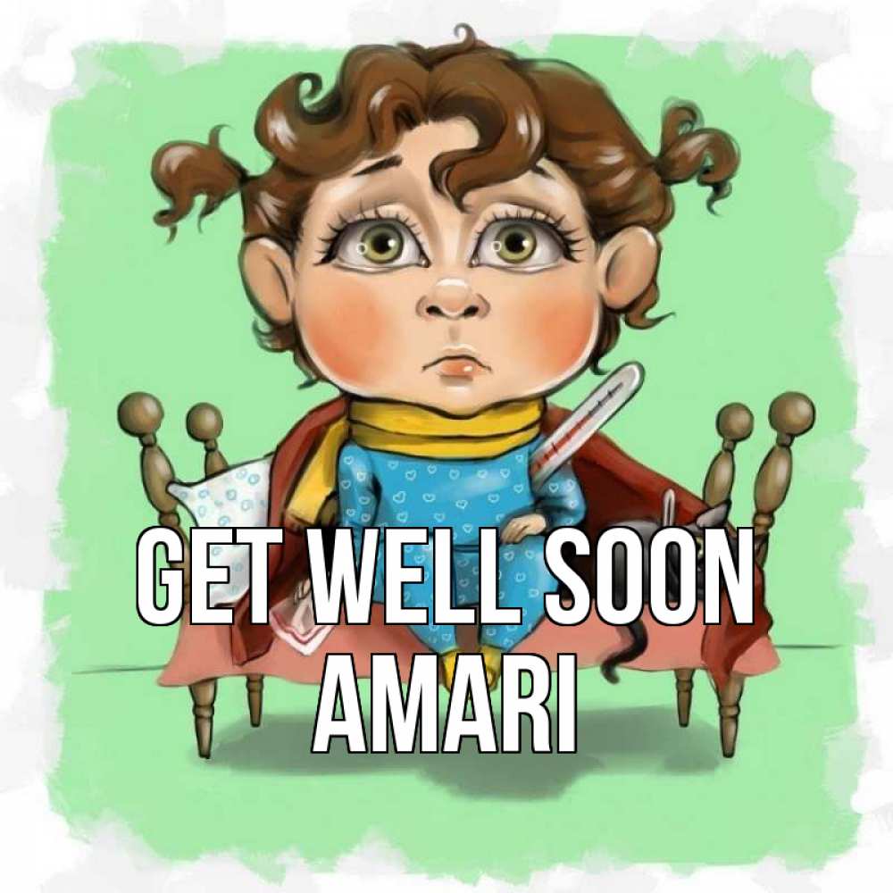 Greetings card с именем, Amari Get well soon лежит с котом и градусниками Greetings with text for free download 