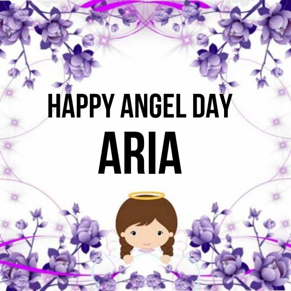 Greetings card с именем, Aria happy angel day с именинами в рамочке Greetings with text for free download 