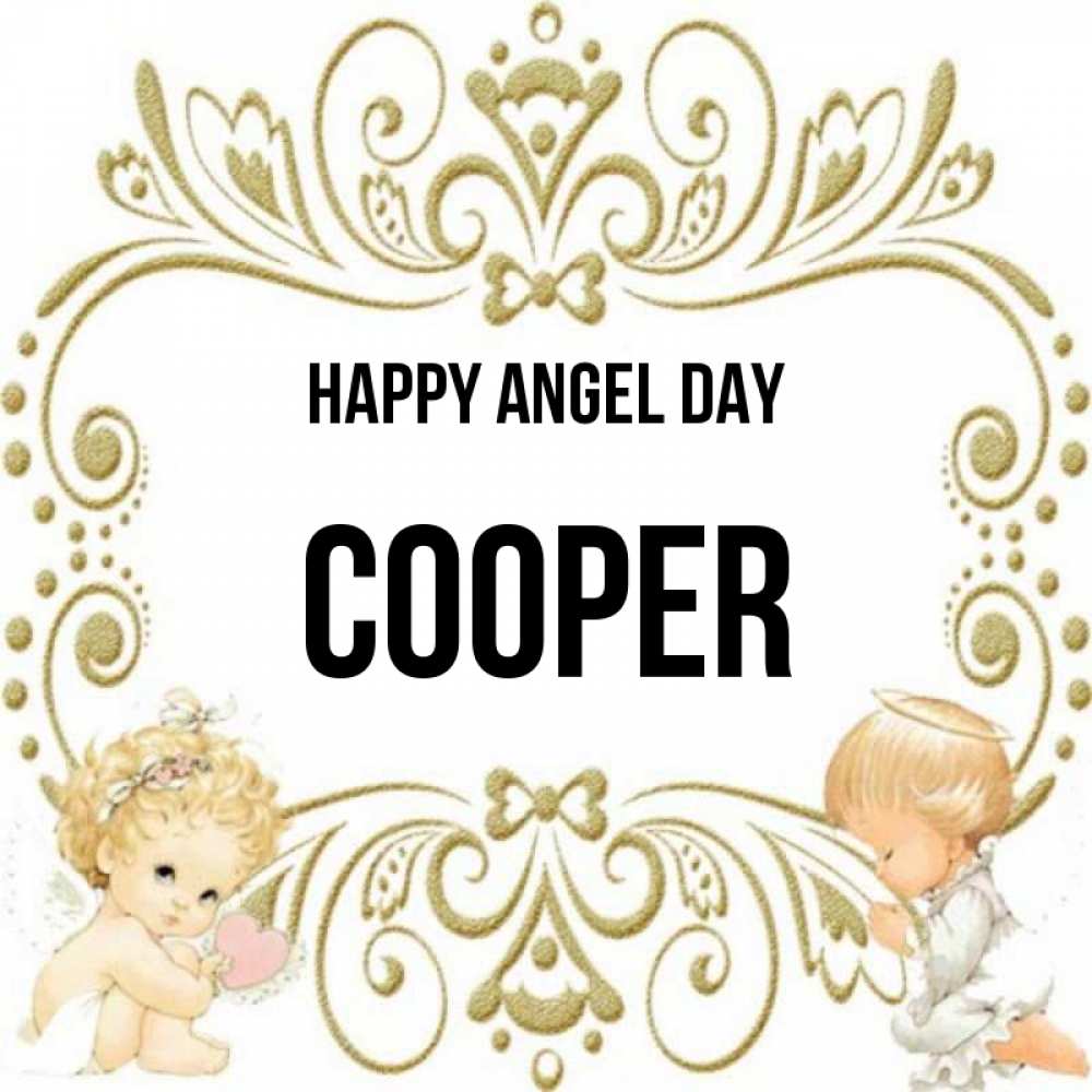 Greetings card с именем, Cooper happy angel day с именинами поздравляют два красивых ангела. Один с сердечком другой молится Greetings with text for free download 