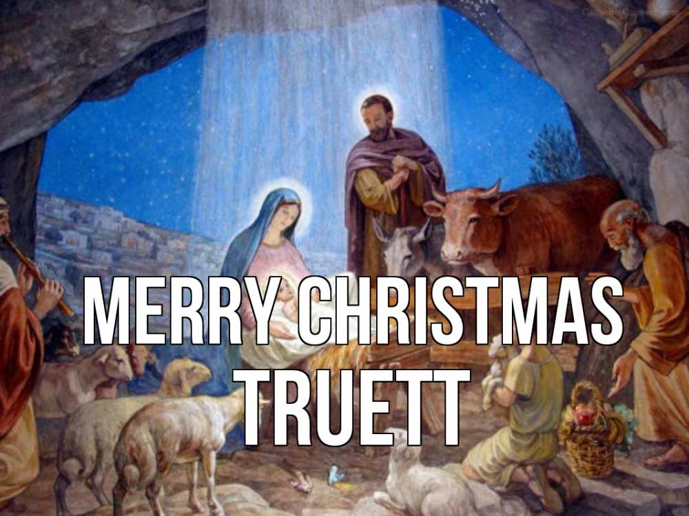 Greetings card с именем, Truett Merry Christmas Хлев с животными, Иисус, рождество Greetings with text for free download 