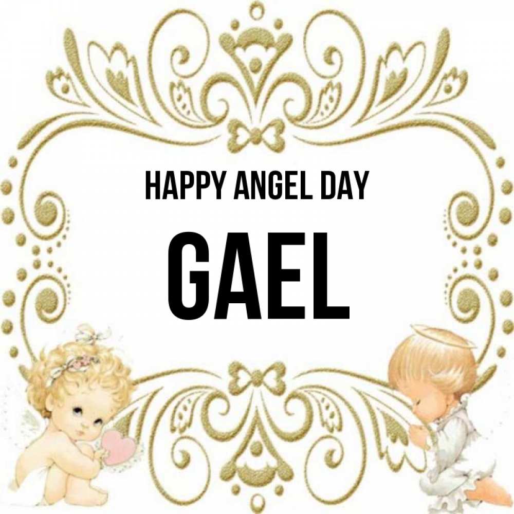 Greetings card с именем, Gael happy angel day с именинами поздравляют два красивых ангела. Один с сердечком другой молится Greetings with text for free download 
