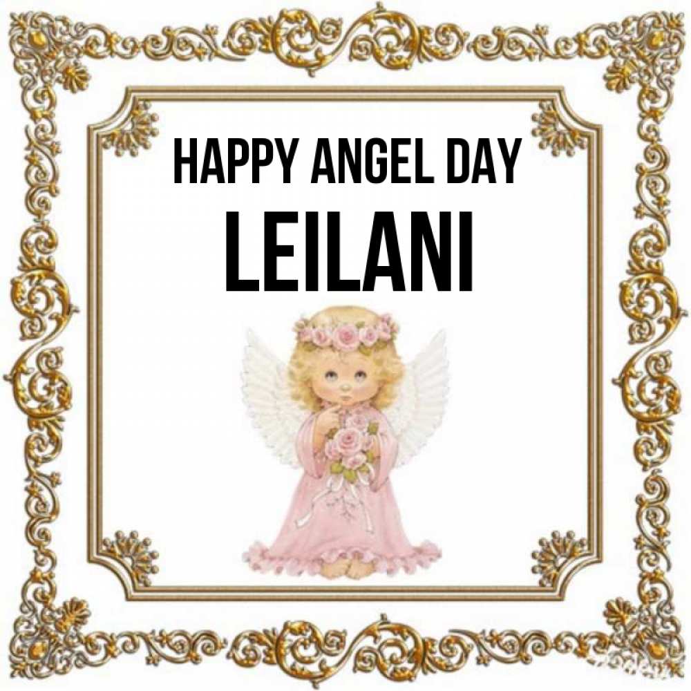 Greetings card с именем, Leilani happy angel day девочка ангел с крыльями и цветами в розовом платье Greetings with text for free download 