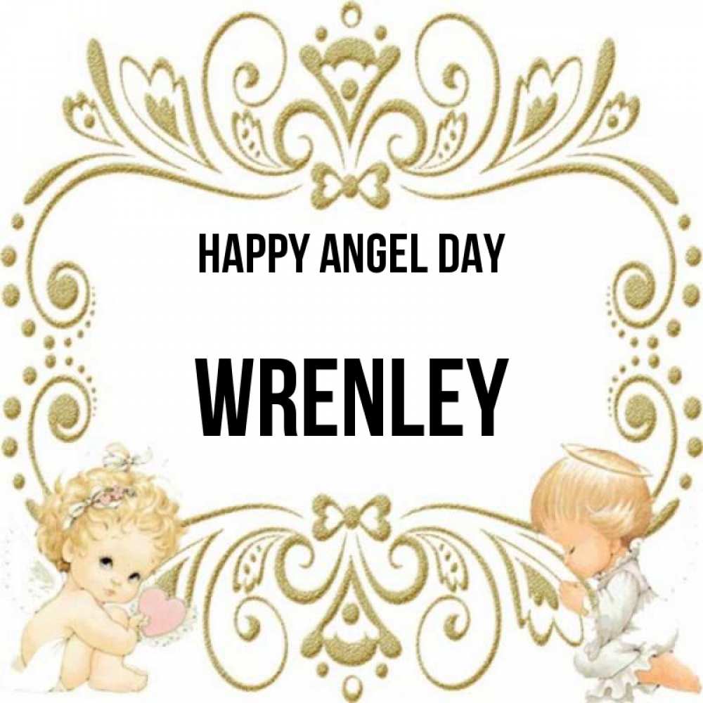 Greetings card с именем, Wrenley happy angel day с именинами поздравляют два красивых ангела. Один с сердечком другой молится Greetings with text for free download 