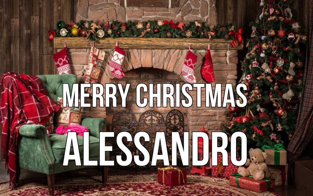 Greetings card с именем, Alessandro Merry Christmas рождество, камин, ель Greetings with text for free download 