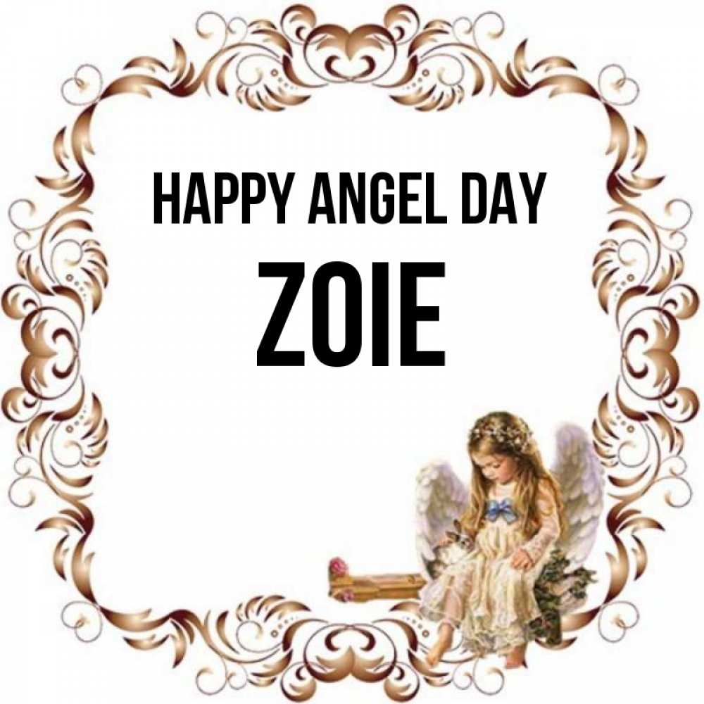Greetings card с именем, Zoie happy angel day рамочка из перьев и ангелочек Greetings with text for free download 