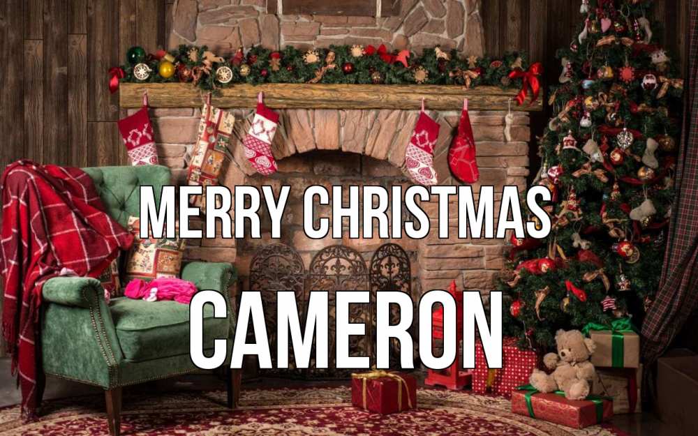 Greetings card с именем, Cameron Merry Christmas рождество, камин, ель Greetings with text for free download 