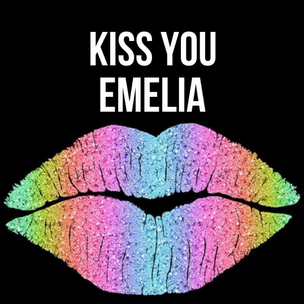 Greetings card с именем, Emelia Kiss you след от губ на черном фоне Greetings with text for free download 