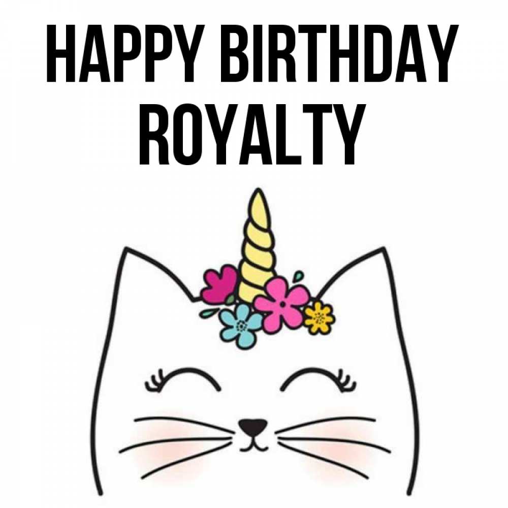 Greetings card с именем, Royalty Happy Birthday милый кот с одним рожком Greetings with text for free download 