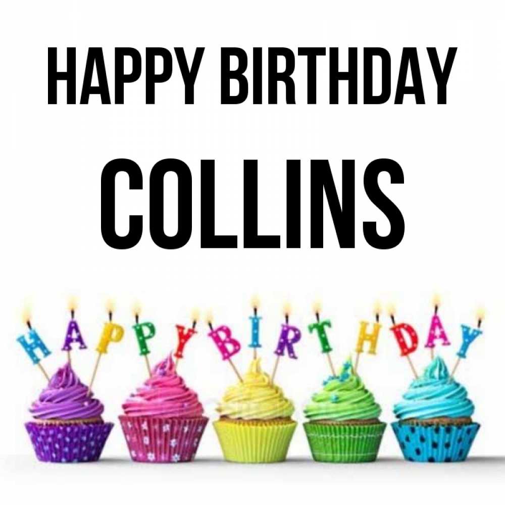 Greetings card с именем, Collins Happy Birthday открытка ко дню рождения с разноцветными вкусняшками Greetings with text for free download 