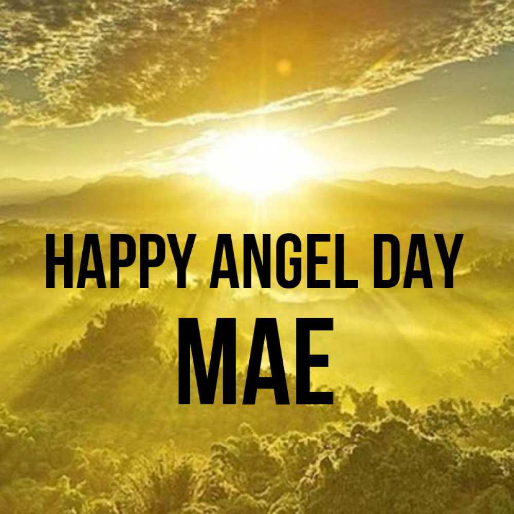 Greetings card с именем, Mae happy angel day леса и небо в желтом Greetings with text for free download 