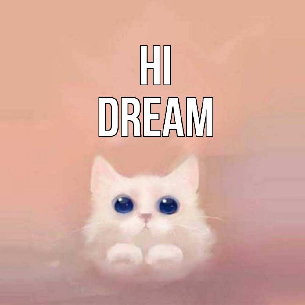 Greetings card с именем, Dream Hi котик белый в полете Greetings with text for free download 