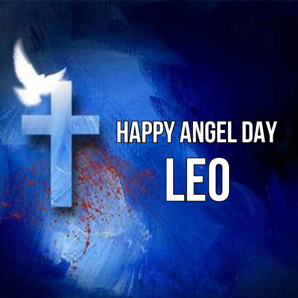 Greetings card с именем, Leo happy angel day Синий фон и птица Greetings with text for free download 