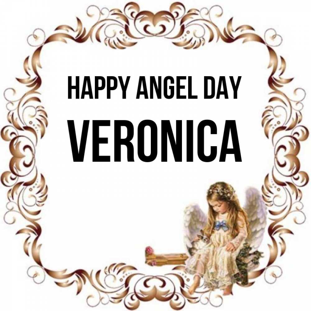 Greetings card с именем, Veronica happy angel day рамочка из перьев и ангелочек Greetings with text for free download 