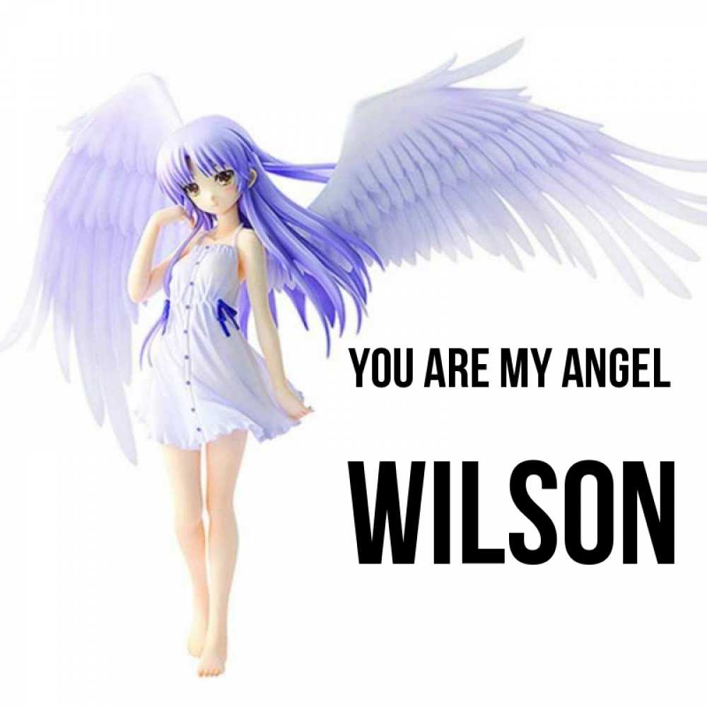 Greetings card с именем, Wilson You are my angel девушка ангел с фиолетовыми крыльями Greetings with text for free download 