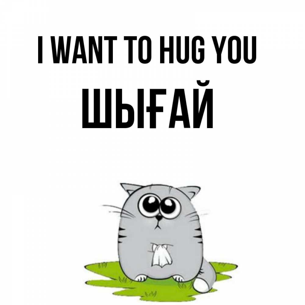 Greetings card с именем, ШЫҒАЙ I want to hug you котик теребит платочек сидя на травке Greetings with text for free download 