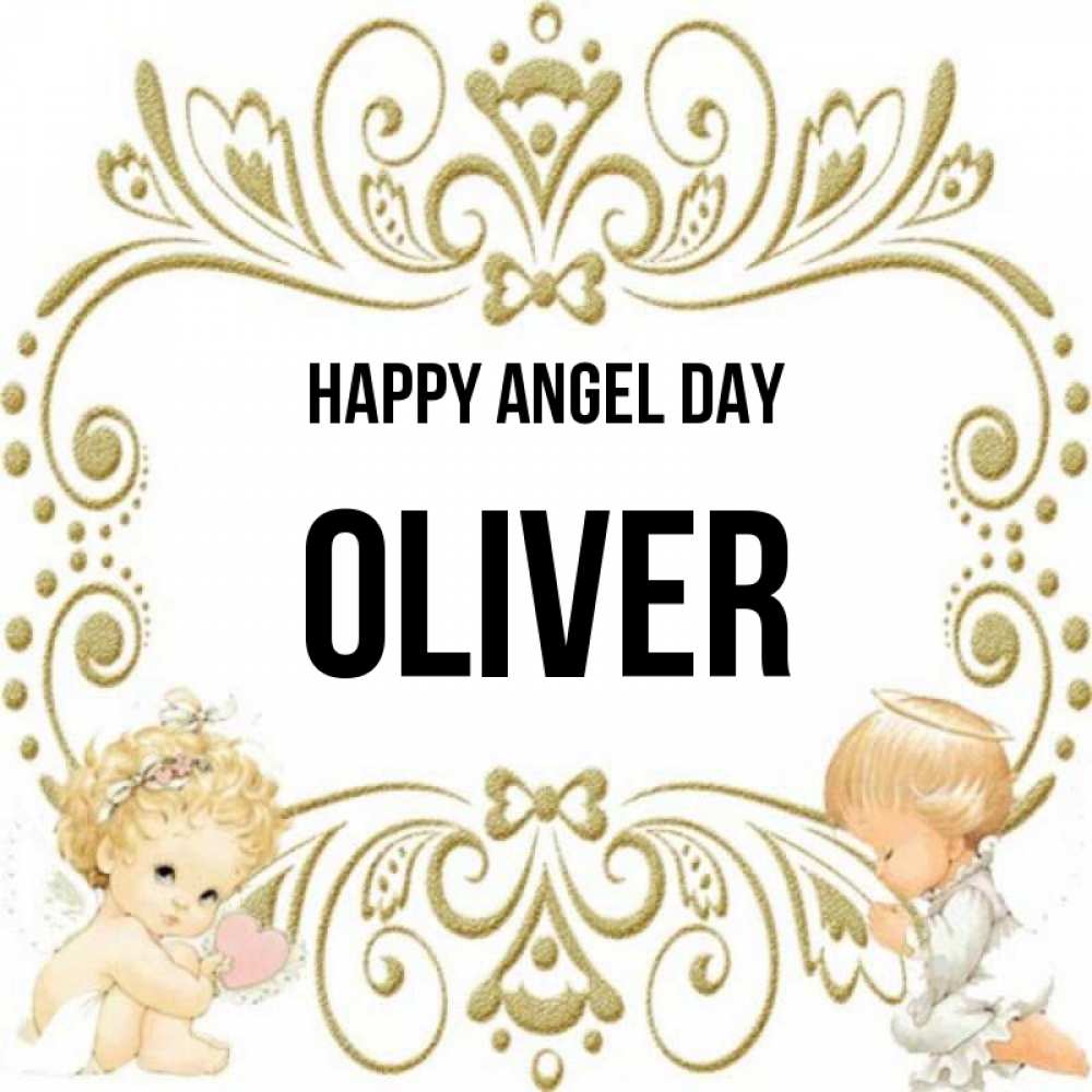 Greetings card с именем, Oliver happy angel day с именинами поздравляют два красивых ангела. Один с сердечком другой молится Greetings with text for free download 