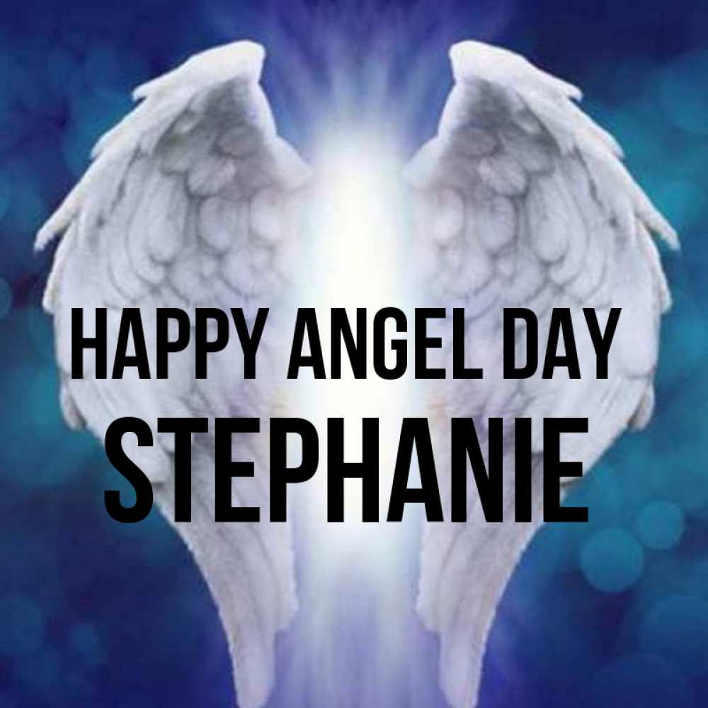 Greetings card с именем, Stephanie happy angel day синий фон и крылышки Greetings with text for free download 