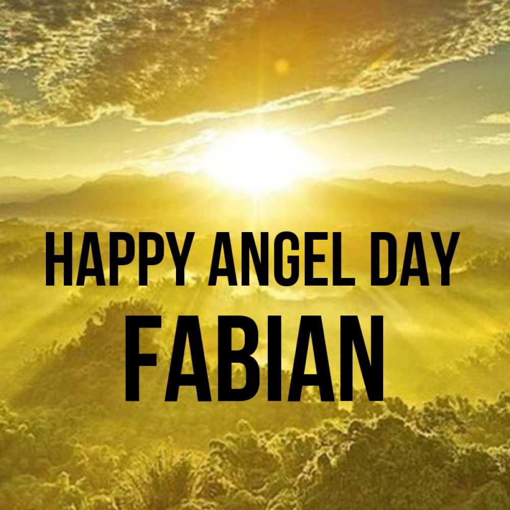 Greetings card с именем, Fabian happy angel day леса и небо в желтом Greetings with text for free download 