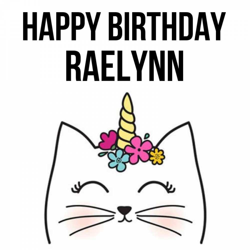 Greetings card с именем, Raelynn Happy Birthday милый кот с одним рожком Greetings with text for free download 