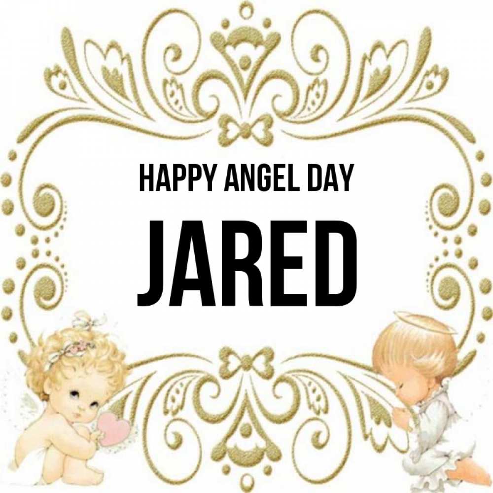 Greetings card с именем, Jared happy angel day с именинами поздравляют два красивых ангела. Один с сердечком другой молится Greetings with text for free download 
