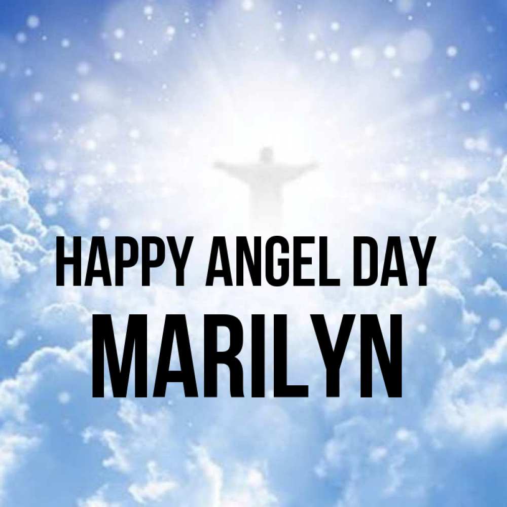 Greetings card с именем, Marilyn happy angel day ангел на облаках в свете солнца Greetings with text for free download 