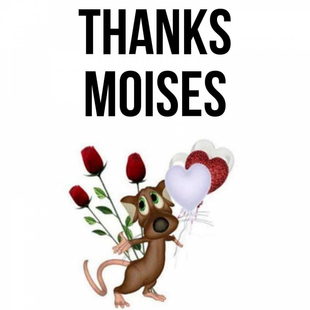 Greetings card с именем, Moises Thanks песик с шариками в форме сердец Greetings with text for free download 