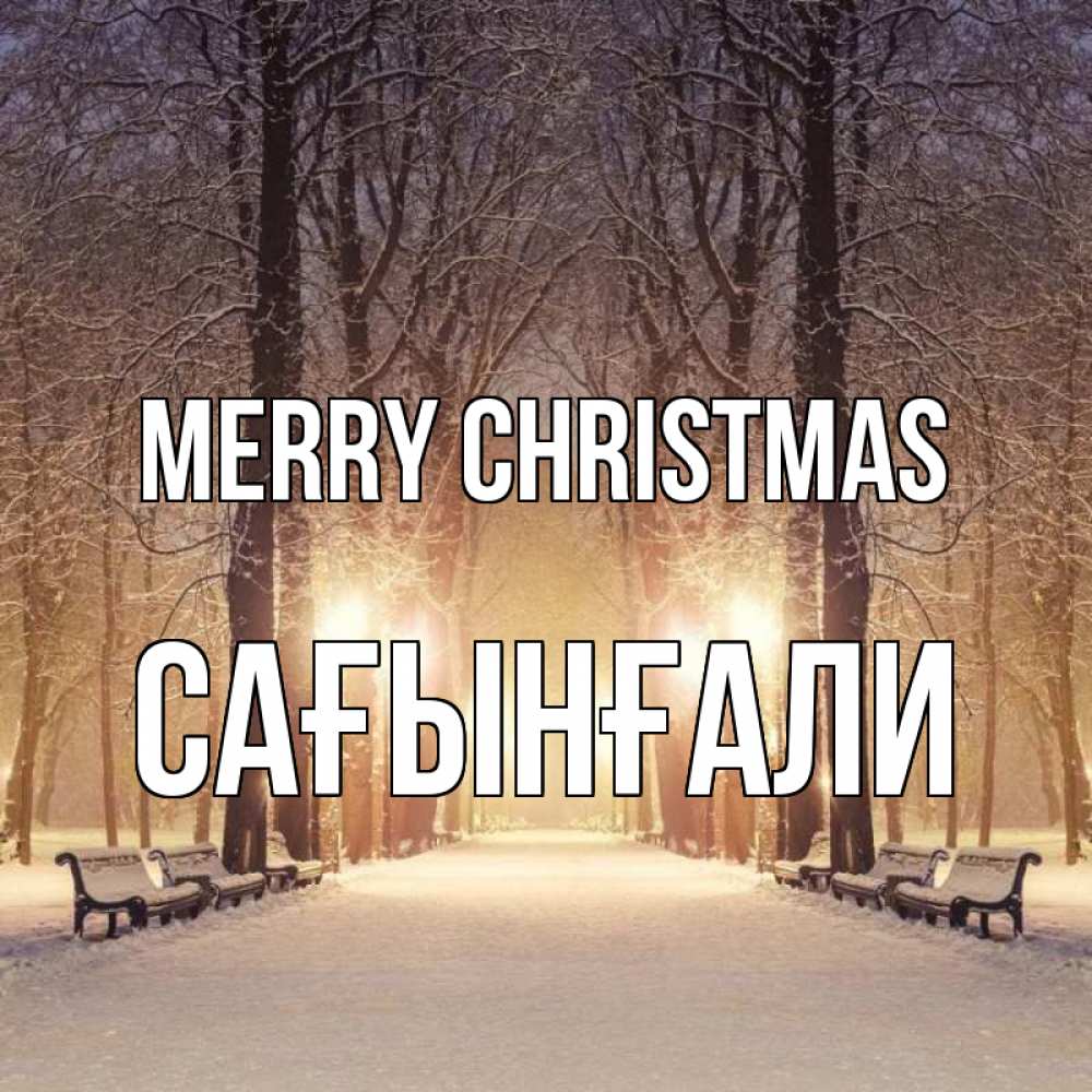 Greetings card с именем, Сағынғали Merry Christmas зима, парк, фонарь, лес Greetings with text for free download 
