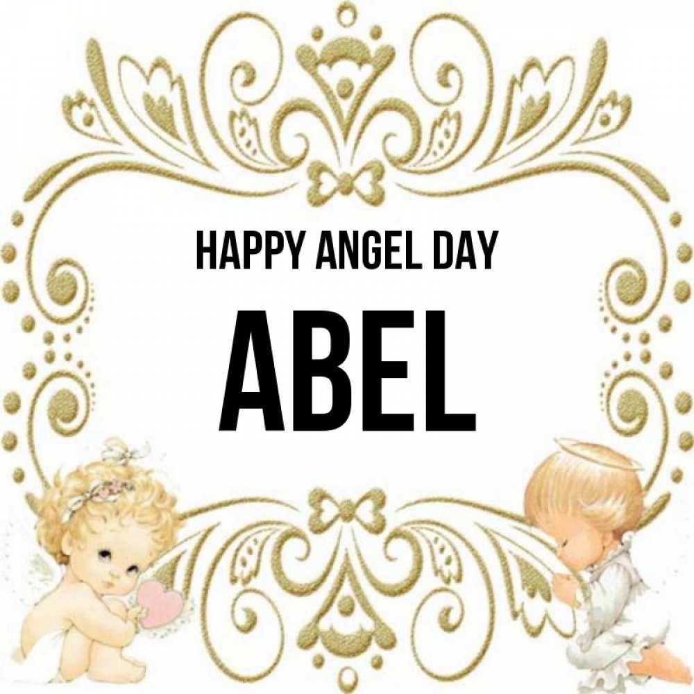 Greetings card с именем, Abel happy angel day с именинами поздравляют два красивых ангела. Один с сердечком другой молится Greetings with text for free download 