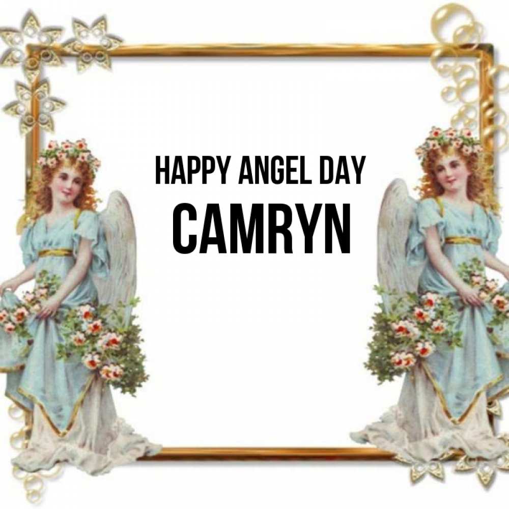 Greetings card с именем, Camryn happy angel day рамочка из золота и ангелы Greetings with text for free download 