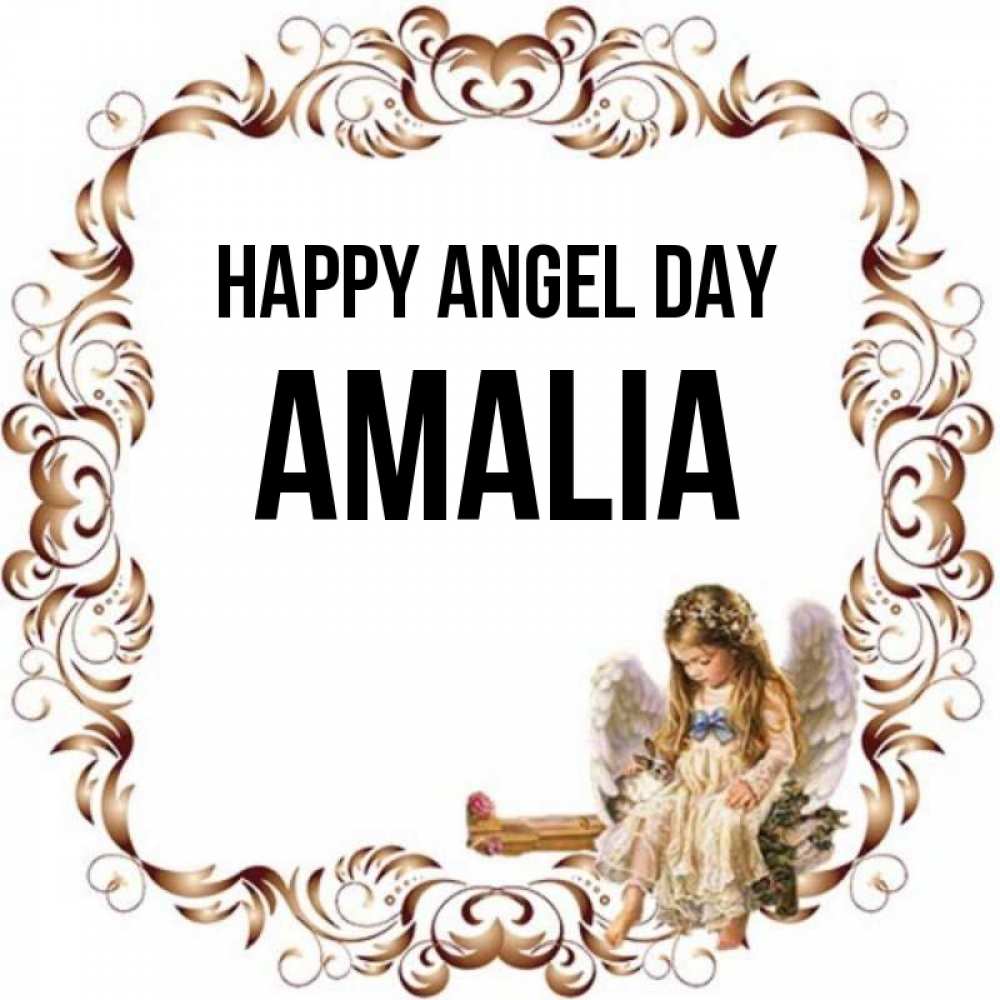 Greetings card с именем, Amalia happy angel day рамочка из перьев и ангелочек Greetings with text for free download 