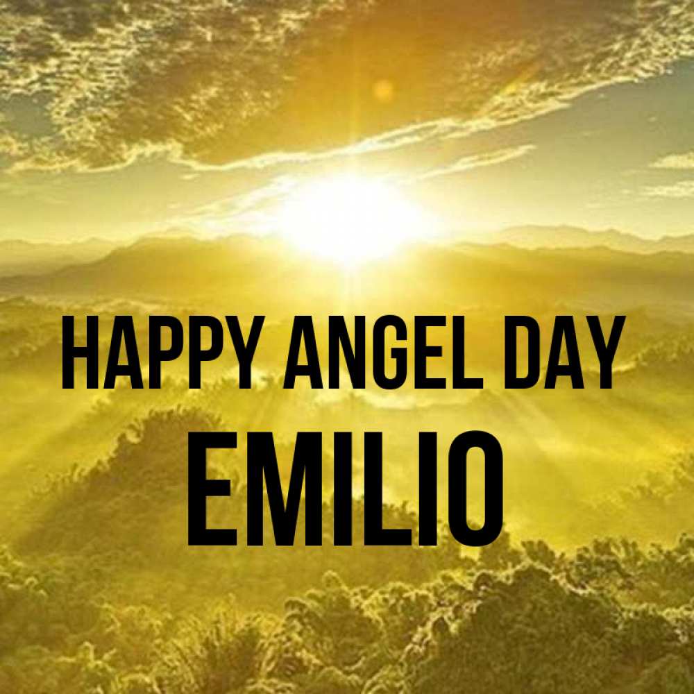 Greetings card с именем, Emilio happy angel day леса и небо в желтом Greetings with text for free download 