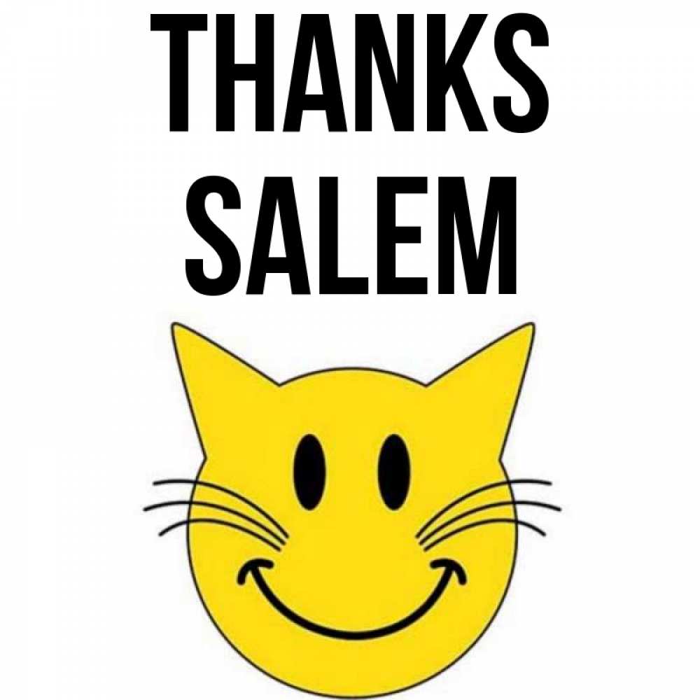 Greetings card с именем, Salem Thanks улыбающийся смайл кот Greetings with text for free download 