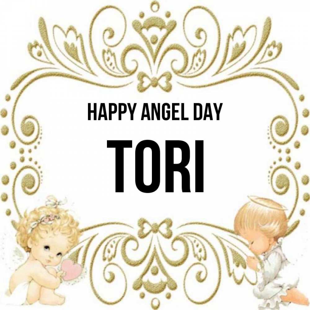 Greetings card с именем, Tori happy angel day с именинами поздравляют два красивых ангела. Один с сердечком другой молится Greetings with text for free download 