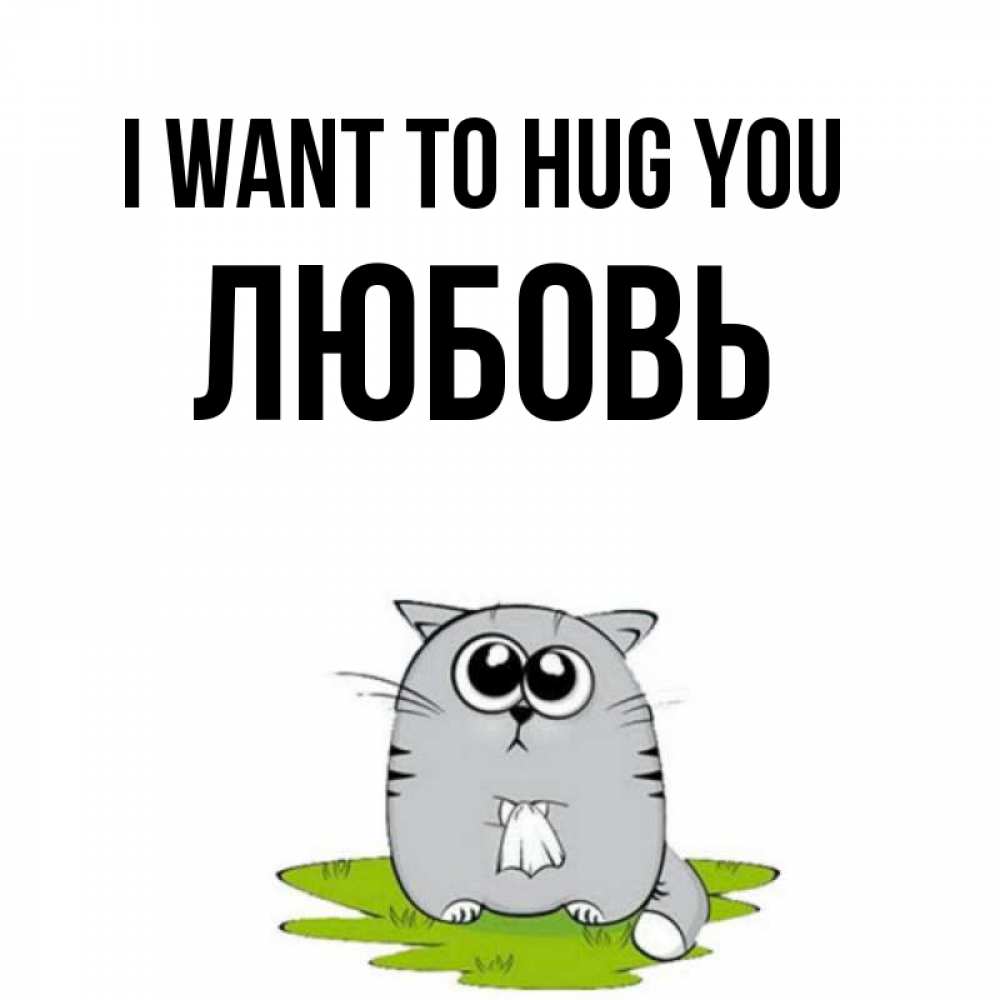 Greetings card с именем, Любовь I want to hug you котик теребит платочек сидя на травке Greetings with text for free download 