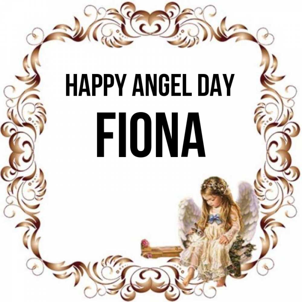 Greetings card с именем, Fiona happy angel day рамочка из перьев и ангелочек Greetings with text for free download 