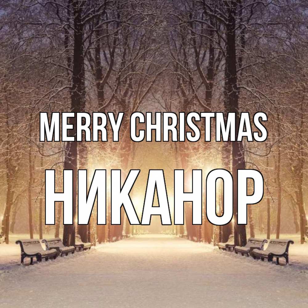Greetings card с именем, Никанор Merry Christmas зима, парк, фонарь, лес Greetings with text for free download 