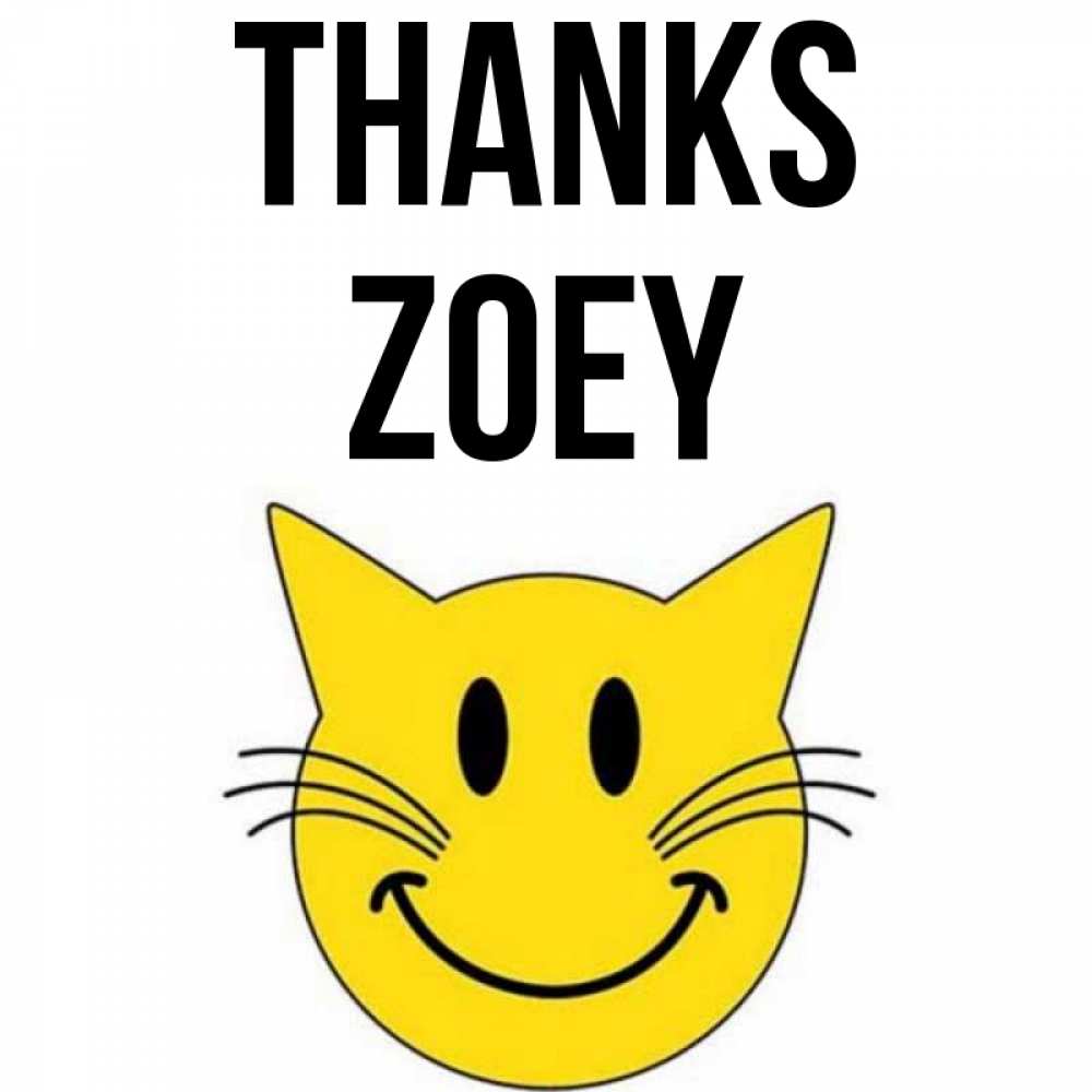 Greetings card с именем, Zoey Thanks улыбающийся смайл кот Greetings with text for free download 