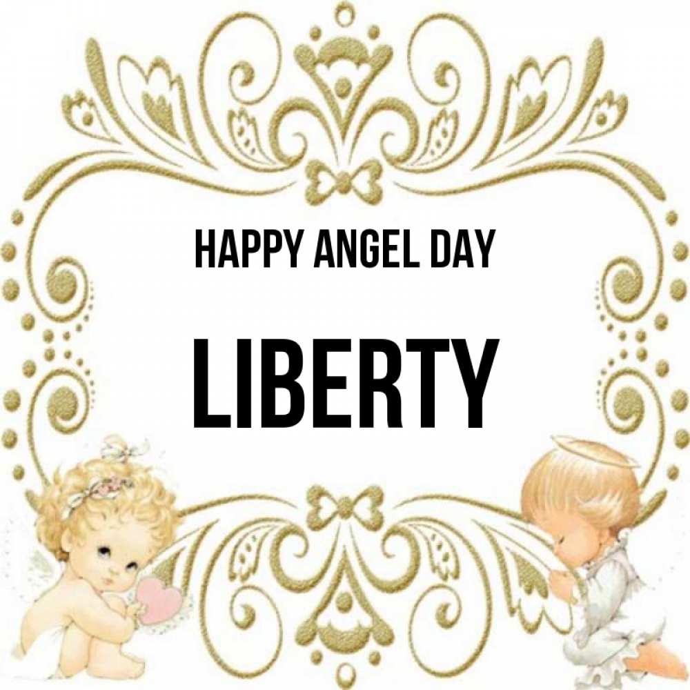 Greetings card с именем, Liberty happy angel day с именинами поздравляют два красивых ангела. Один с сердечком другой молится Greetings with text for free download 